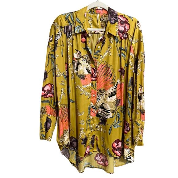 Free People Silky Nights Button Front Blouse Size S Mustard Oversized Tunic NEW - Picture 1 of 12